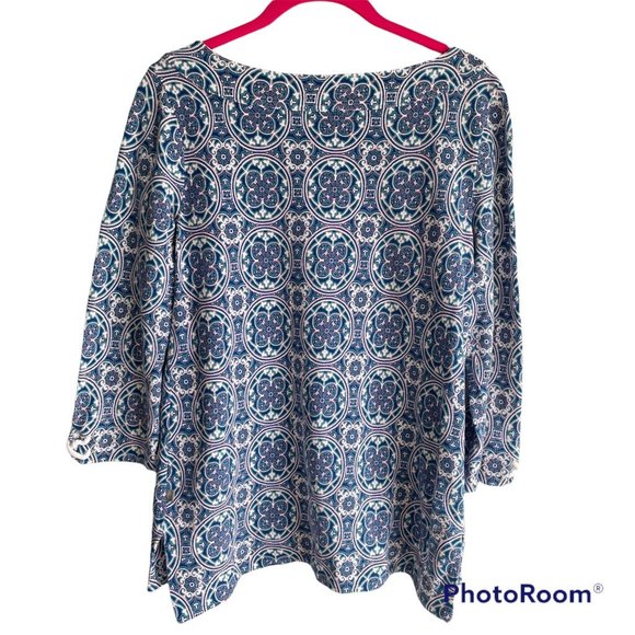 T by Talbots Ladies Multicolor Medallion Boatneck 3/4 Length Casual Tee, S - Picture 2 of 7